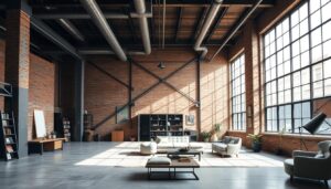 Industrieel interieur van een loft met bakstenen muren en grote ramen in New York.