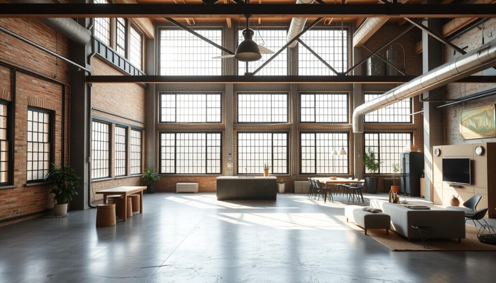 Industriële loft met open plattegrond, hoge plafonds en grote ramen Industriële loft met open plattegrond, hoge plafonds en grote ramen