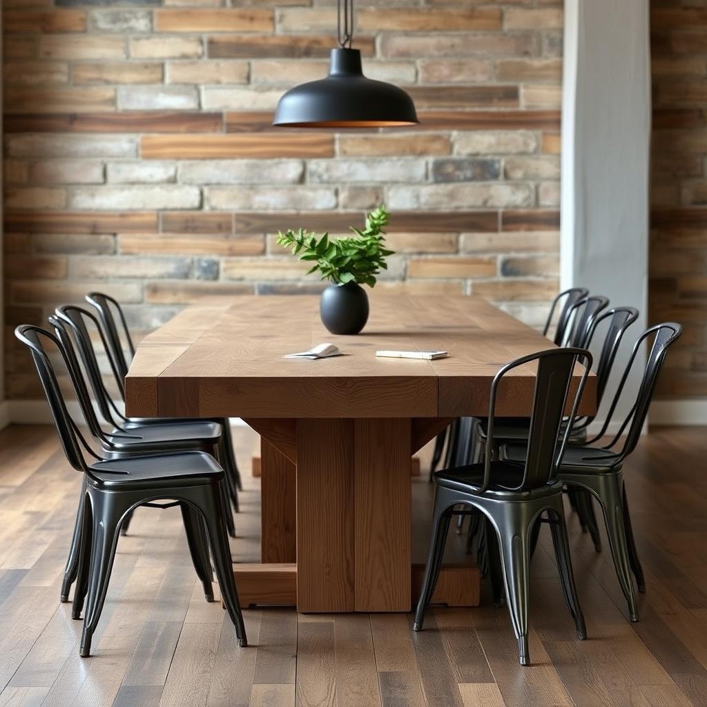 Industriële metalen eetkamerstoelen bij een robuuste houten eettafel Industriële metalen eetkamerstoelen bij een robuuste houten eettafel