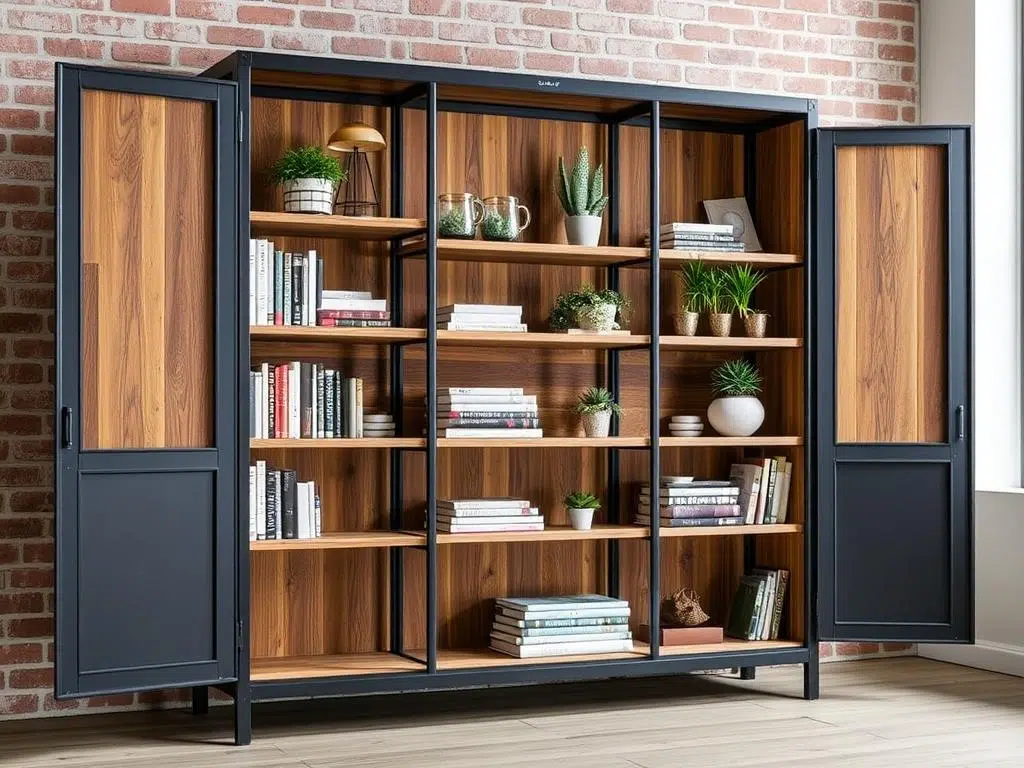 Industriële metalen kast met houten planken