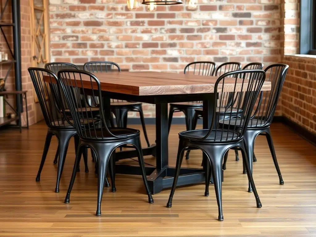 Industriële metalen stoelen bij eikenhouten tafel Industriële metalen stoelen bij eikenhouten tafel