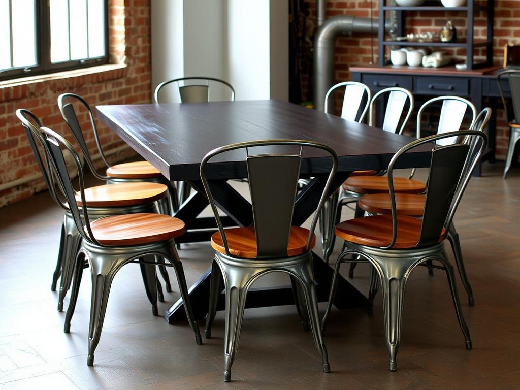 Industriële metalen stoelen met houten zitting bij een donkere tafel Industriële metalen stoelen met houten zitting bij een donkere tafel
