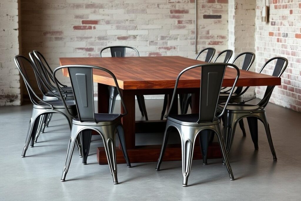 Industriële metalen stoelen rond een robuuste houten eettafel Industriële metalen stoelen rond een robuuste houten eettafel