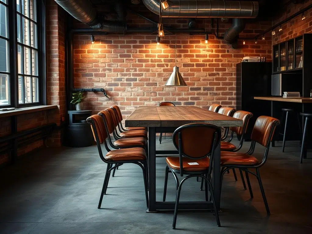 Industriële metalen tafel met vintage bruine leren stoelen Industriële metalen tafel met vintage bruine leren stoelen