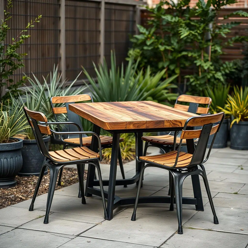Industriële metalen tuinstoelen bij massieve houten tafel, tuinstoelen bij houten tafel in industriële stijl Industriële metalen tuinstoelen bij massieve houten tafel, tuinstoelen bij houten tafel in industriële stijl
