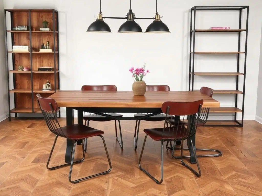 Industriële meubels met metalen frames en houten oppervlakken