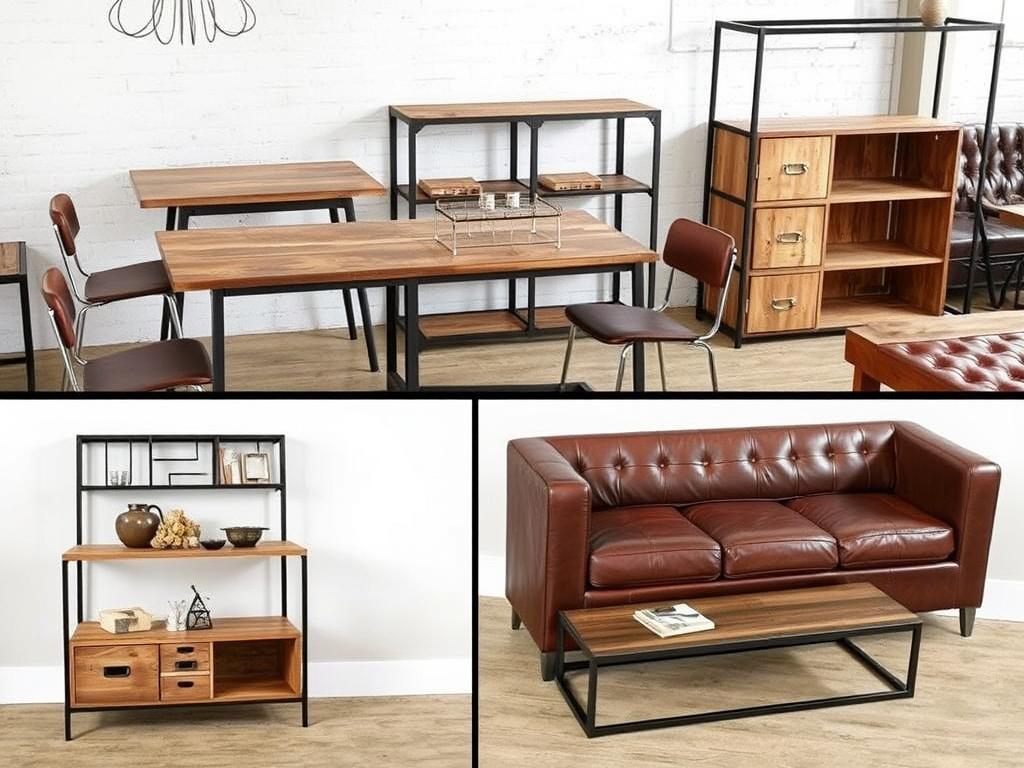 Industriële meubels met metalen frames en houten oppervlakken Industriële meubels met metalen frames en houten oppervlakken