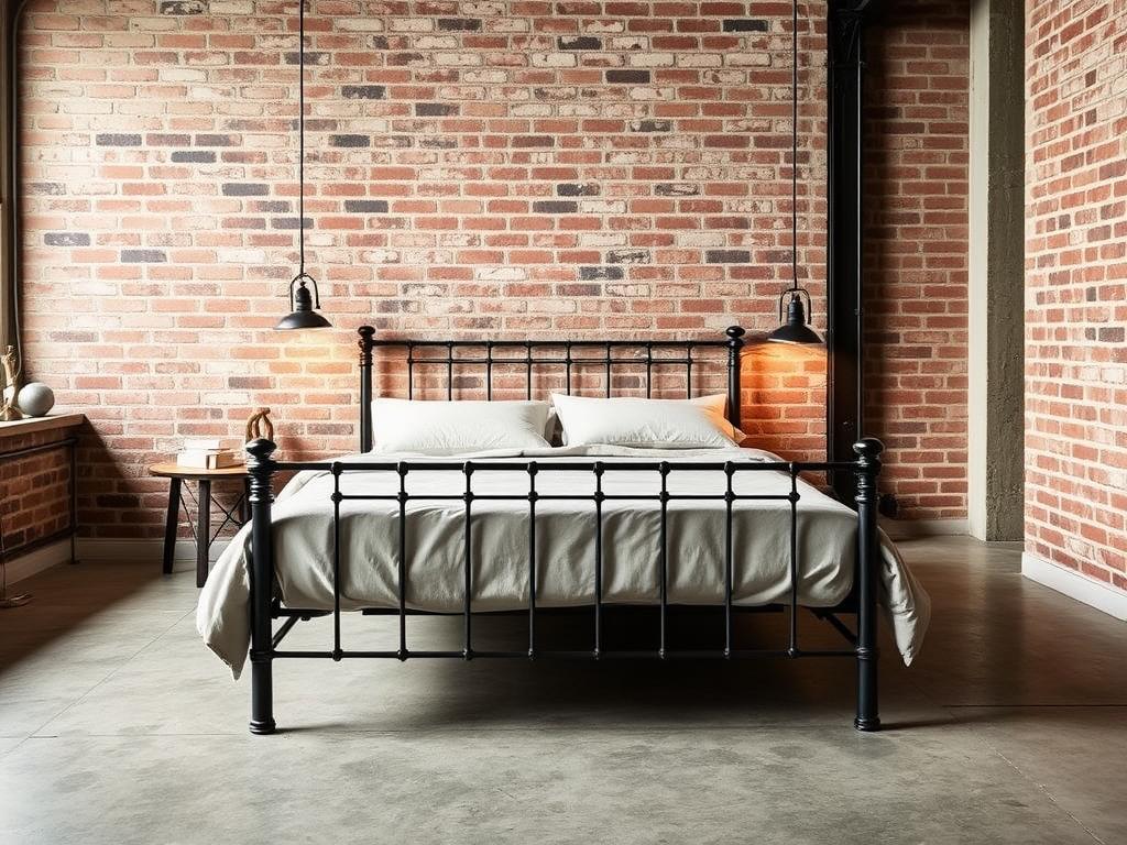 Industriële slaapkamer met metalen bed, bakstenen muur en minimalistische inrichting Industriële slaapkamer met metalen bed, bakstenen muur en minimalistische inrichting