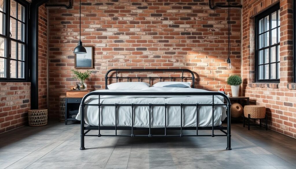 Industriële slaapkamer met metalen bed, bakstenen muur en minimalistische inrichting Industriële slaapkamer met metalen bed, bakstenen muur en minimalistische inrichting