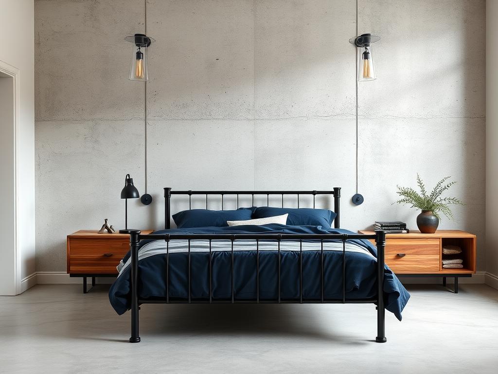 Industriële slaapkamer met rustgevend kleurenpalet Industriële slaapkamer met rustgevend kleurenpalet