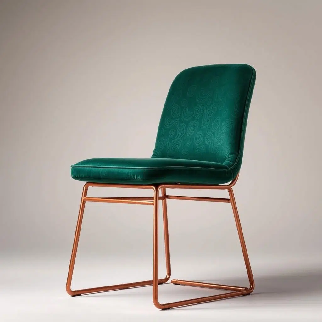 Industriële stoel met koperkleurig frame en groene velvet zitting Industriële stoel met koperkleurig frame en groene velvet zitting
