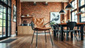 Industriele stoel met een zwart metalen frame en een leren zitting in een moderne eetkamer.