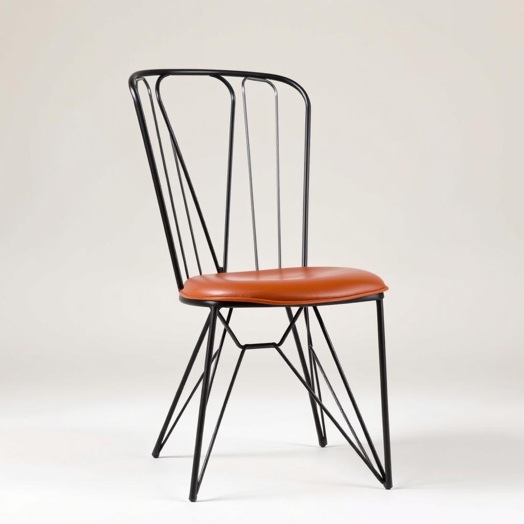 Industriële stoel met zwart metalen frame en cognac leren zitting Industriële stoel met zwart metalen frame en cognac leren zitting
