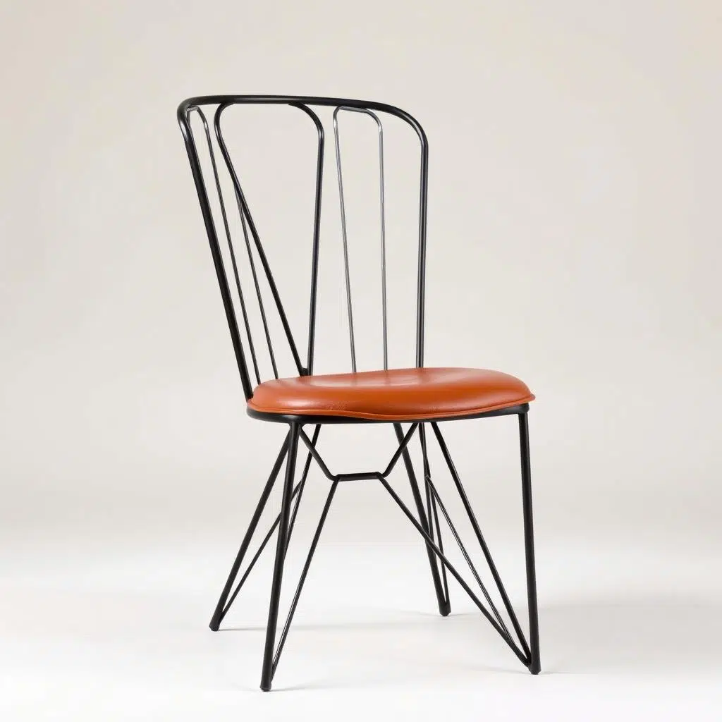 Industriële stoel met zwart metalen frame en cognac leren zitting Industriële stoel met zwart metalen frame en cognac leren zitting