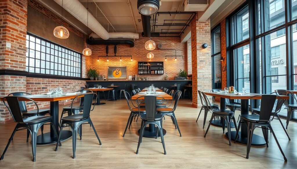 Industriële stoelen in een modern restaurant met industrieel interieur Industriële stoelen in een modern restaurant met industrieel interieur