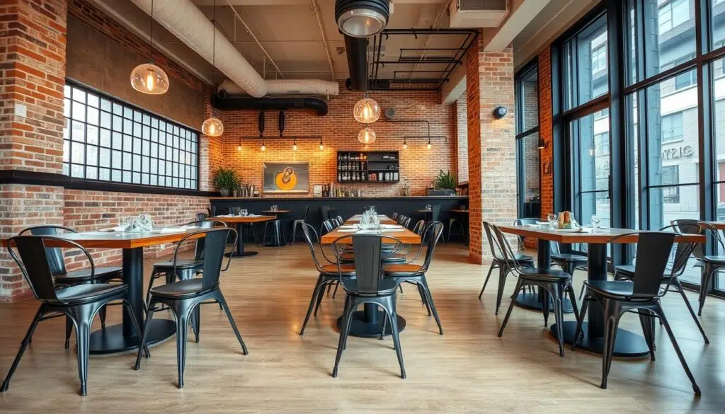 Industriële stoelen in een modern restaurant met industrieel interieur Industriële stoelen in een modern restaurant met industrieel interieur