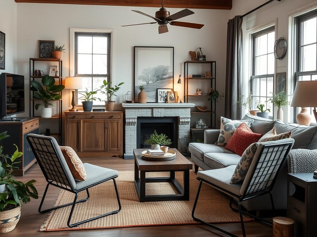 Industriële stoelen in een woonkamer met mix van moderne en vintage elementen Industriële stoelen in een woonkamer met mix van moderne en vintage elementen