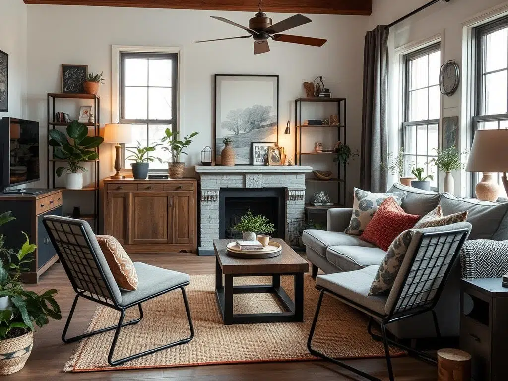 Industriële stoelen in een woonkamer met mix van moderne en vintage elementen Industriële stoelen in een woonkamer met mix van moderne en vintage elementen