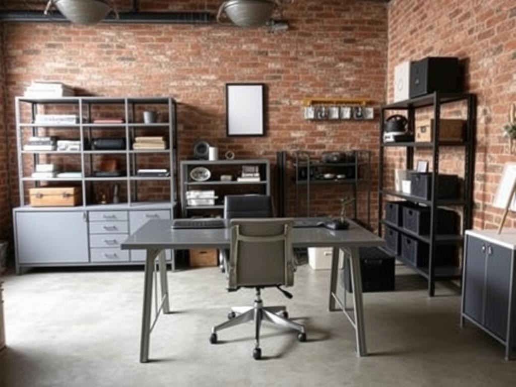 Industriële thuiswerkplek met metalen bureau, vintage stoel en functionele verlichting Industriële thuiswerkplek met metalen bureau, vintage stoel en functionele verlichting