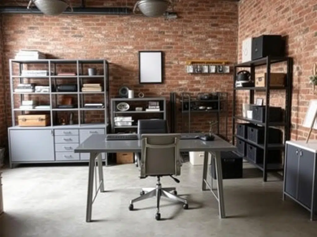 Industriële thuiswerkplek met metalen bureau, vintage stoel en functionele verlichting