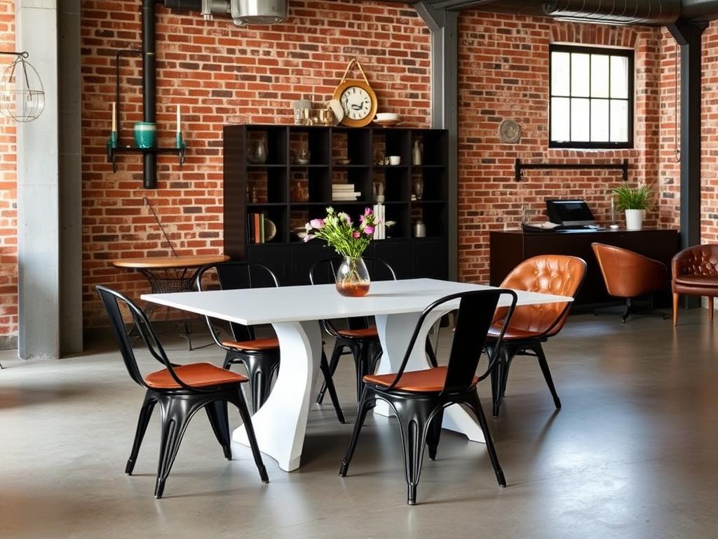 Industriële witte eettafel met zwarte metalen stoelen en leren accenten Industriële witte eettafel met zwarte metalen stoelen en leren accenten