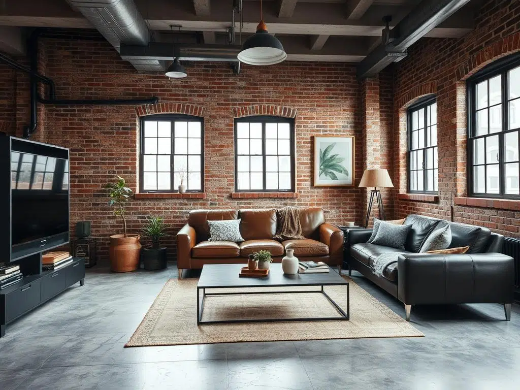 Industriële woonkamer met bakstenen muur, leren bank en metalen accessoires