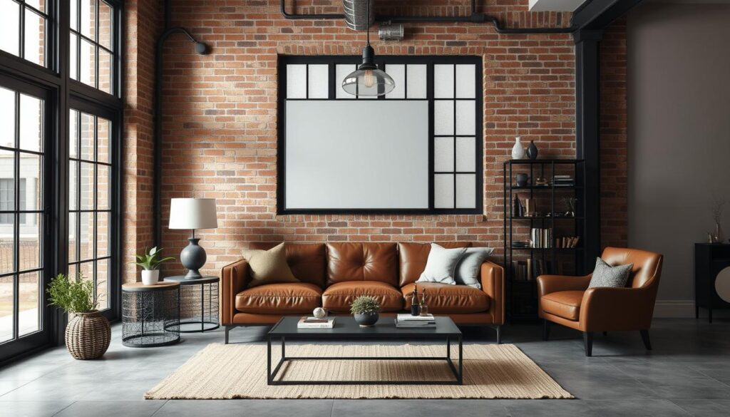 Industriële woonkamer met bakstenen muur, leren bank en metalen accessoires Industriële woonkamer met bakstenen muur, leren bank en metalen accessoires