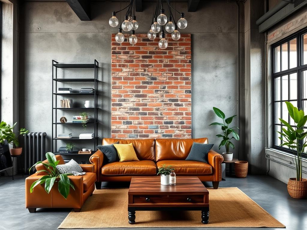 Industriële woonkamer met gebalanceerd kleurenpalet Industriële woonkamer met gebalanceerd kleurenpalet