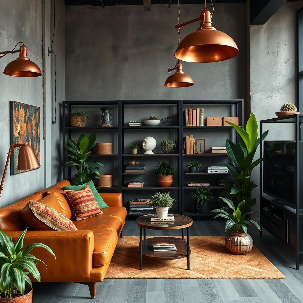 Industriële woonkamer met warme accentkleuren zoals roest en cognac Industriële woonkamer met warme accentkleuren zoals roest en cognac