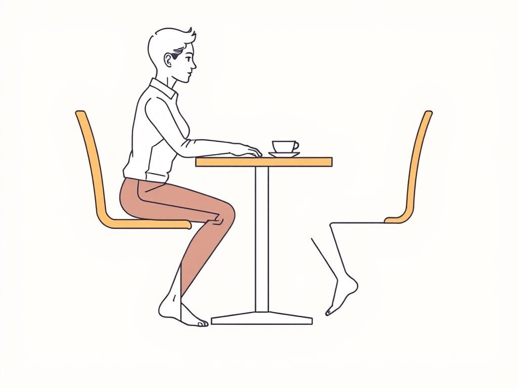 Juiste zithouding aan een eettafel met aanduiding van ergonomische positie Juiste zithouding aan een eettafel met aanduiding van ergonomische positie