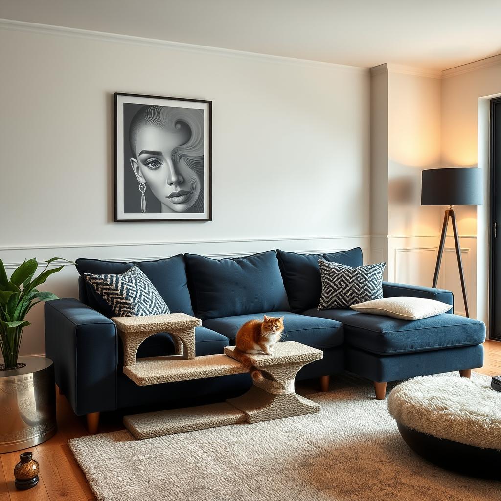 Kattenvriendelijke woonkamer met microvezel bank en geïntegreerde krabpaal Kattenvriendelijke woonkamer met microvezel bank en geïntegreerde krabpaal