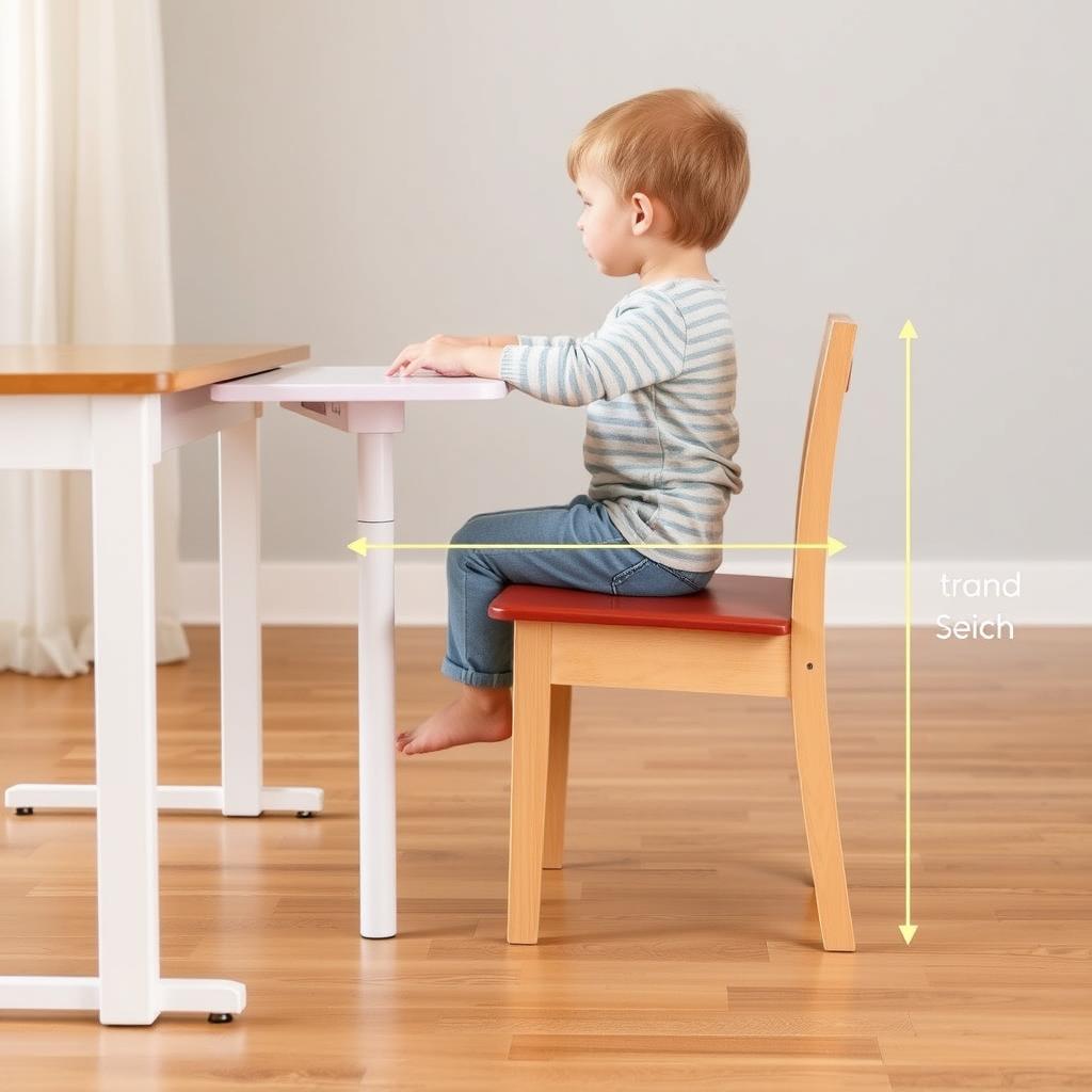 Kind zit op een stoel met aangepaste zithoogte, voeten plat op de grond Kind zit op een stoel met aangepaste zithoogte, voeten plat op de grond