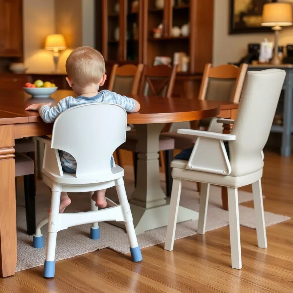 Kind zit op een verstelbare kinderstoel aan eettafel Kind zit op een verstelbare kinderstoel aan eettafel
