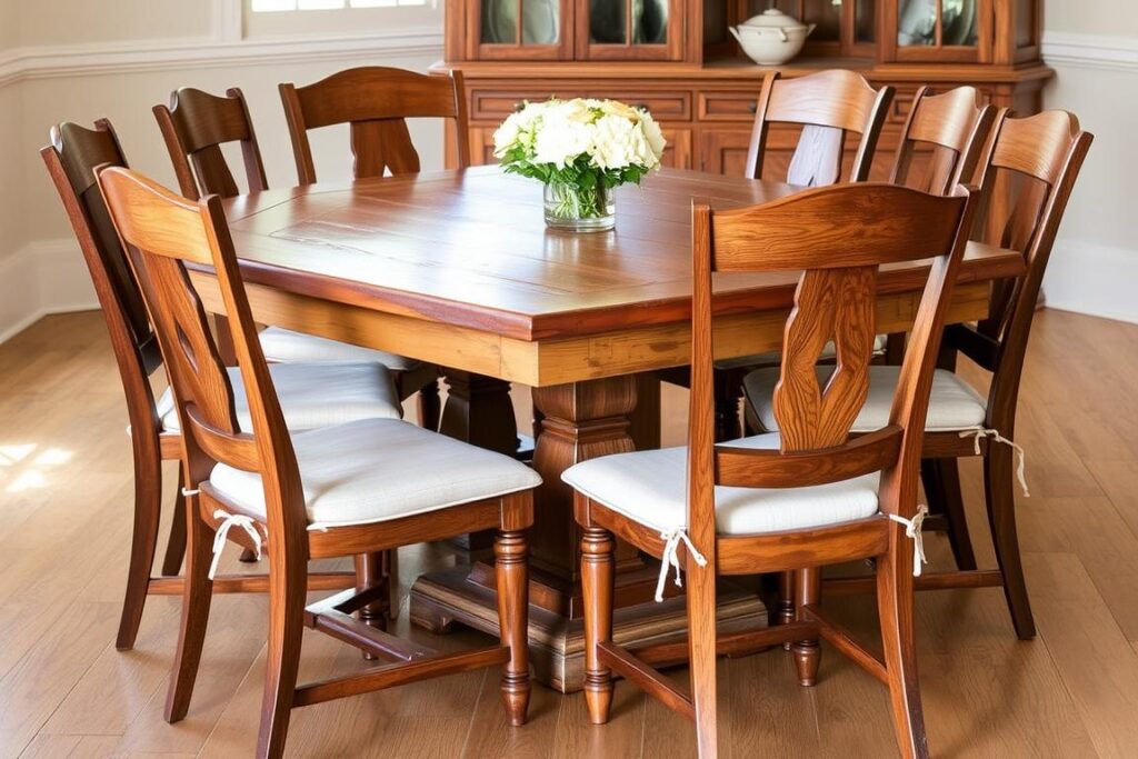 Klassieke houten eetkamerstoel bij een rustieke houten eettafel Klassieke houten eetkamerstoel bij een rustieke houten eettafel