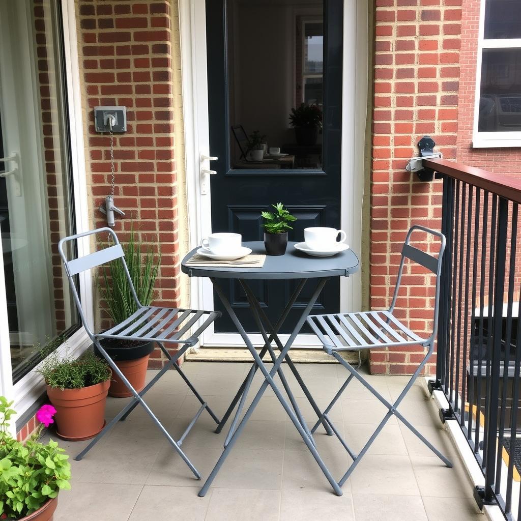Kleine Tuintafel op een Nederlands balkon met twee stoelen Kleine Tuintafel op een Nederlands balkon met twee stoelen