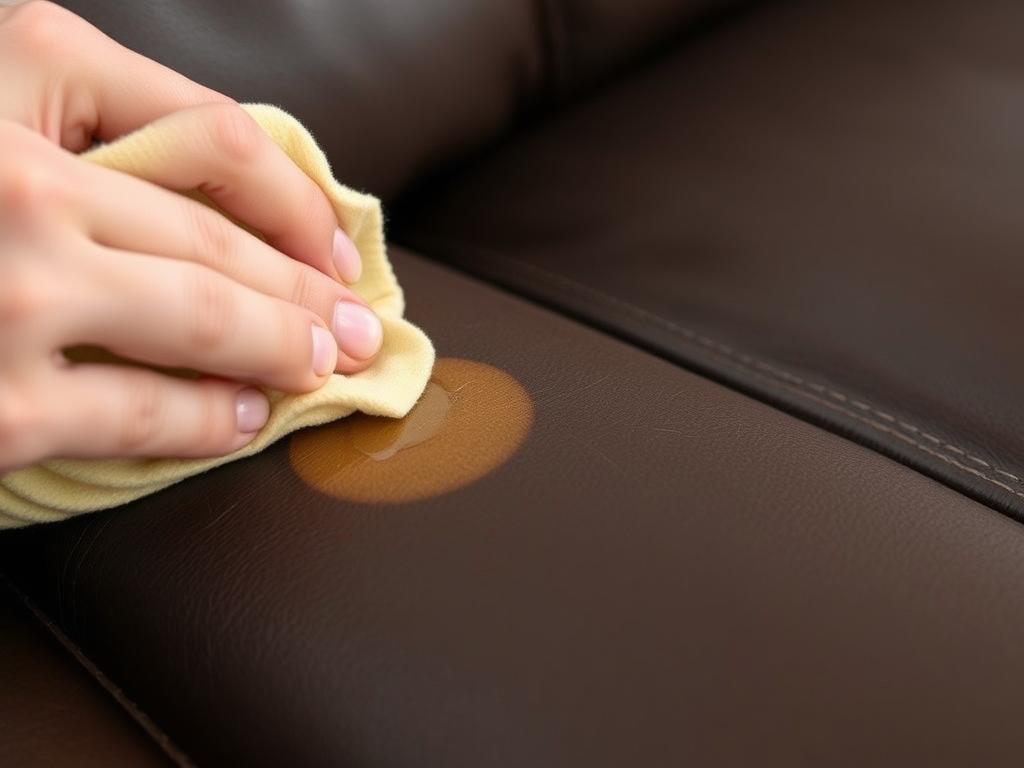 Kleine droge plek op een leren bank die wordt behandeld Kleine droge plek op een leren bank die wordt behandeld