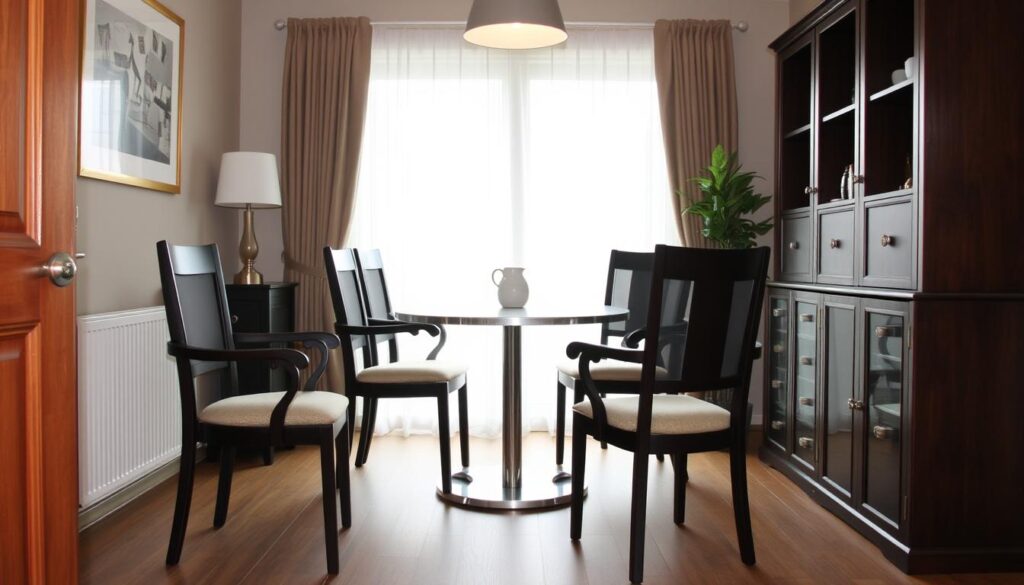Kleine eetkamer met stoelen die veel ruimte innemen rond een compacte eettafel Kleine eetkamer met stoelen die veel ruimte innemen rond een compacte eettafel