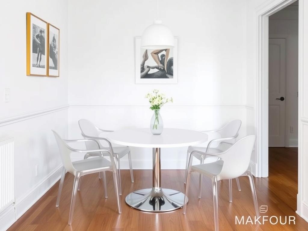Kleine eetruimte met witte tafel en lichtgekleurde stoelen die de ruimte groter doen lijken Kleine eetruimte met witte tafel en lichtgekleurde stoelen die de ruimte groter doen lijken