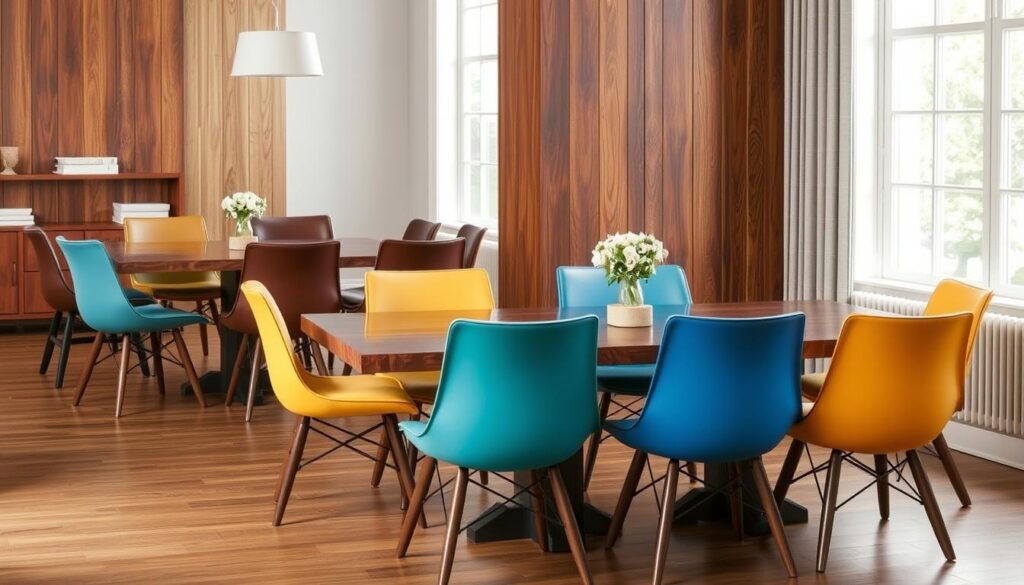 Kleurcoördinatie van stoelen met verschillende houttinten Kleurcoördinatie van stoelen met verschillende houttinten