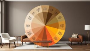 Kleurencirkel met bruine tinten en complementaire kleuren voor eetkamerstoelen bij een bruine bank