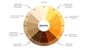 Kleurenwiel met verschillende tinten bruin en hun complementaire kleuren gemarkeerd.