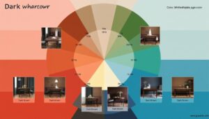 Kleurenwiel met donkerbruine tafel en harmonieuze kleurencombinaties