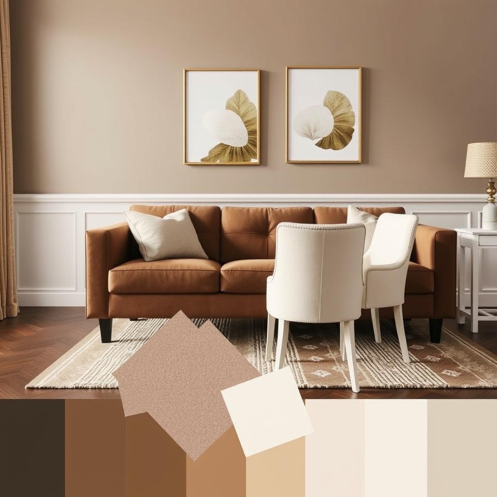 Kleurpalet: bruine bank met beige en crème eetkamerstoelen Kleurpalet: bruine bank met beige en crème eetkamerstoelen