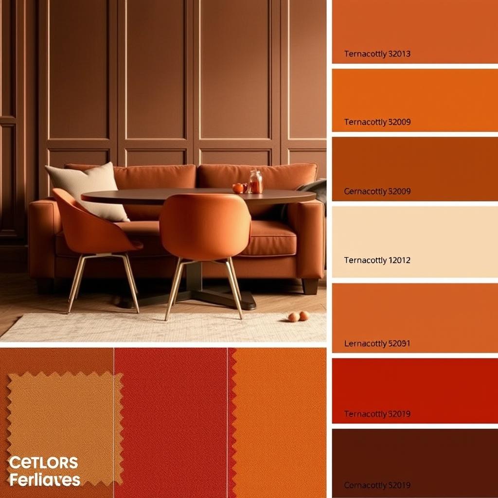 Kleurpalet: bruine bank met warme eetkamerstoelen in terracotta en oranje Kleurpalet: bruine bank met warme eetkamerstoelen in terracotta en oranje