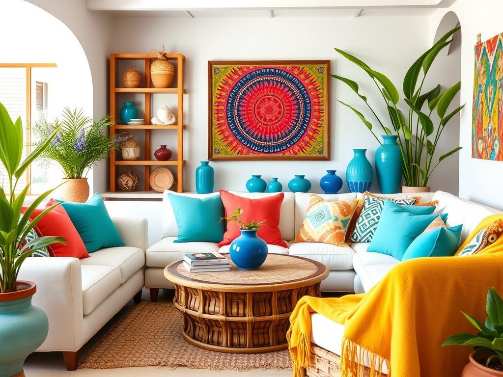 Kleurrijke accessoires in een Bohemische Strandhuisstijl woonkamer