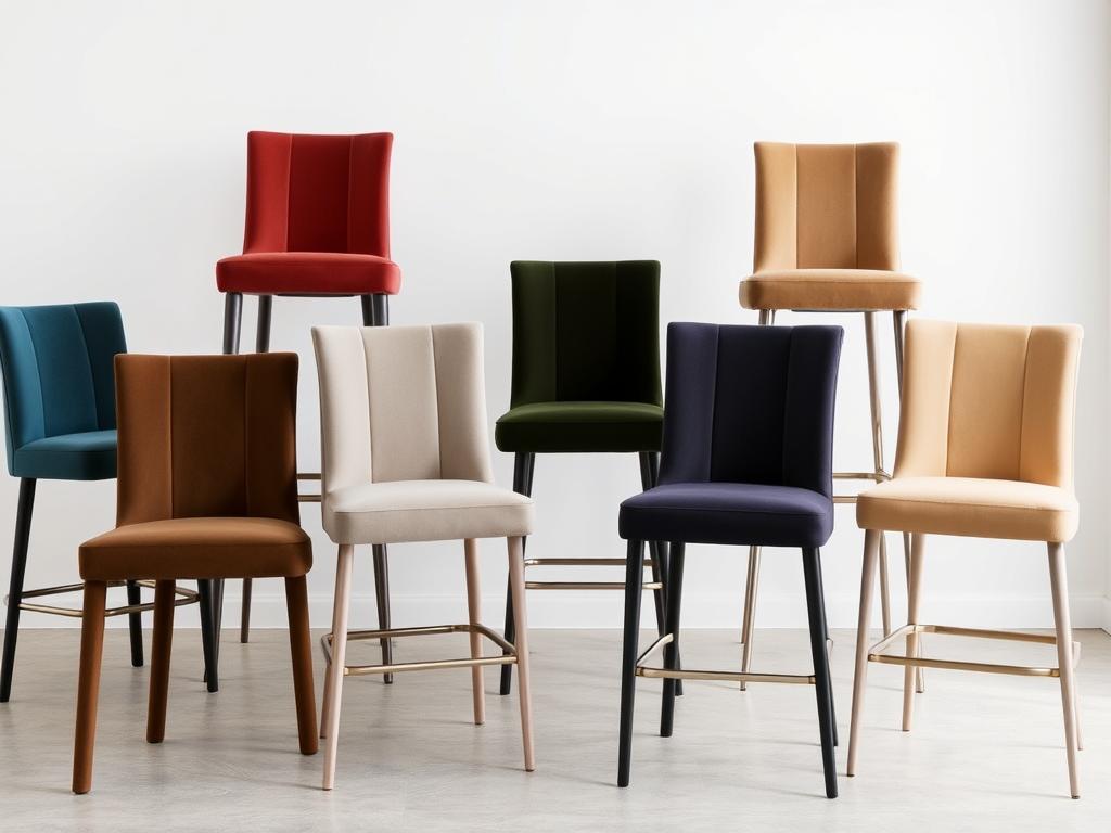Kleurrijke hoge eetkamerstoelen in verschillende materialen
