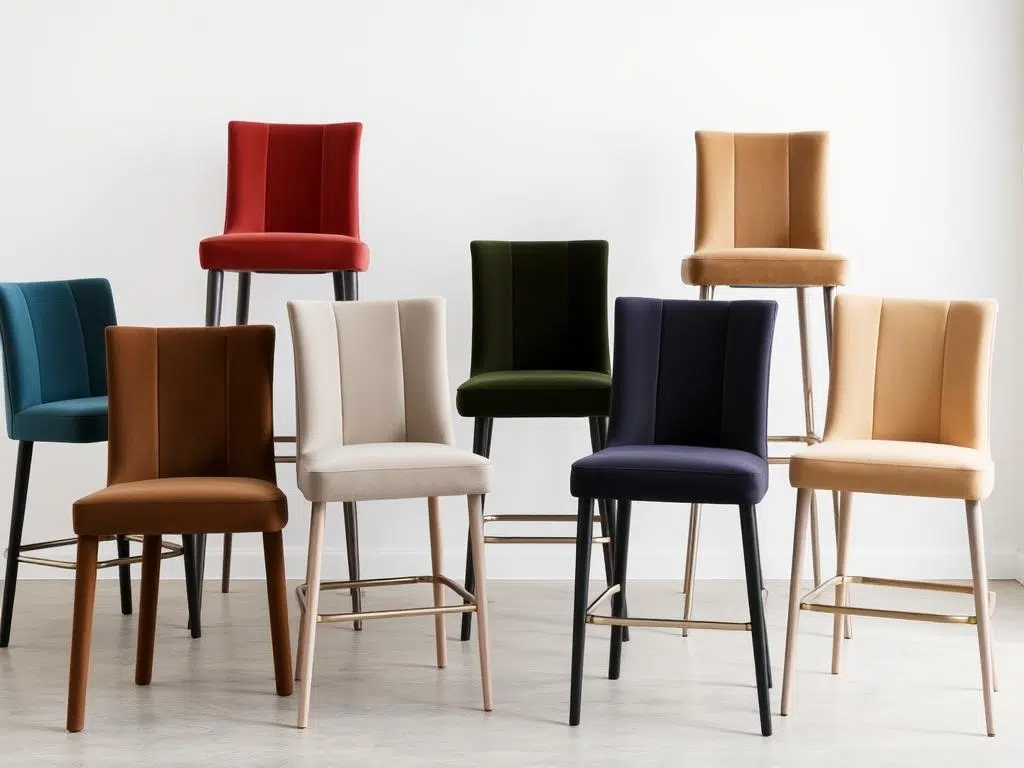 Kleurrijke hoge eetkamerstoelen in verschillende materialen