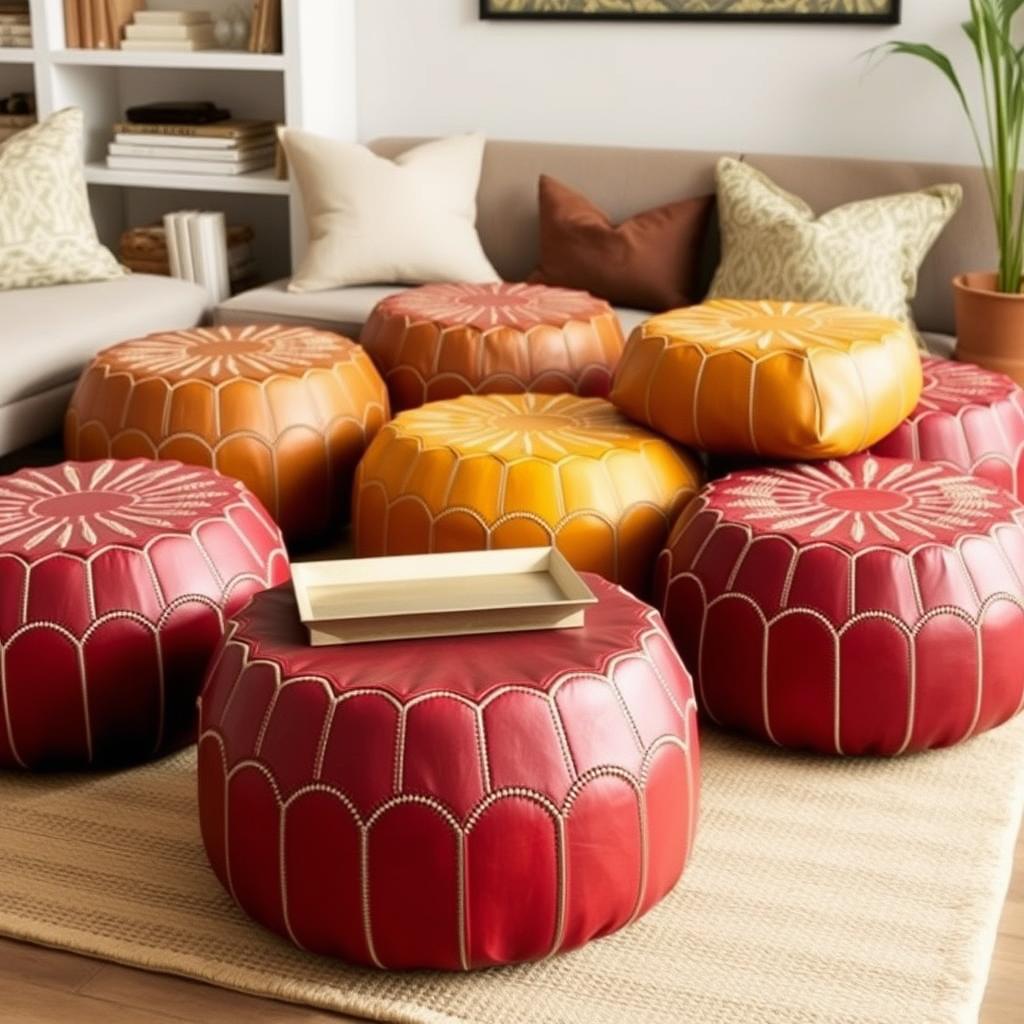 Kleurrijke leren poufs in een interieur Kleurrijke leren poufs in een interieur