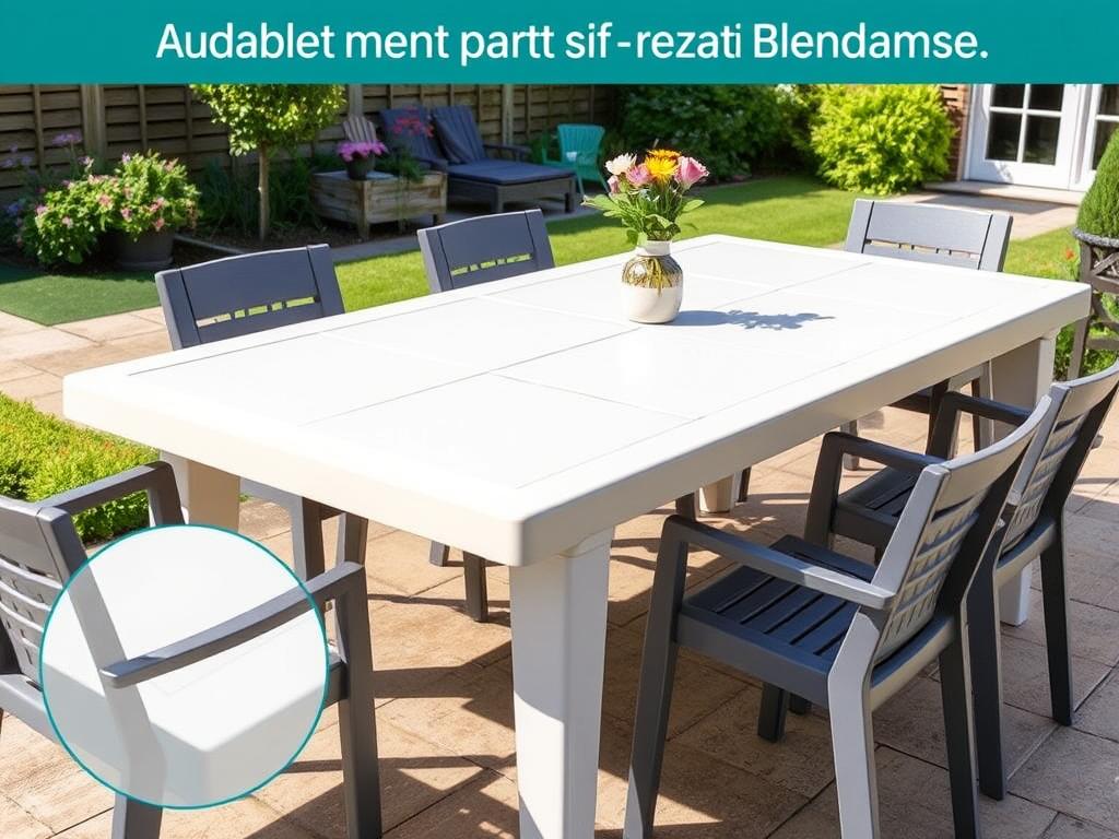 Kunststof eettafel voor buiten in een Nederlandse achtertuin met tuinmeubelen Kunststof eettafel voor buiten in een Nederlandse achtertuin met tuinmeubelen