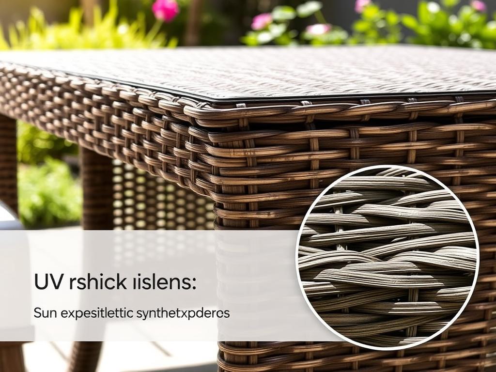 Kunststof rotan buitentafel met gevlochten textuur in zonnige tuinsetting Kunststof rotan buitentafel met gevlochten textuur in zonnige tuinsetting